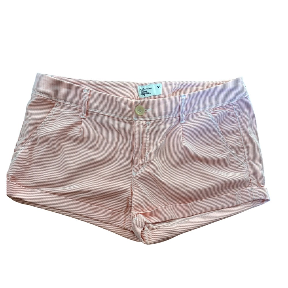 American Eagle Pink White Seersucker Striped Cuffed Shorts Womens 6 Low Rise - Picture 1 of 3